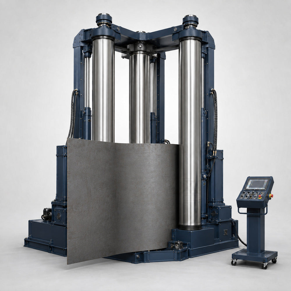 Catalog rendering of a vertical 3-roll CNC plate rolling machine with upright 8-foot rolls