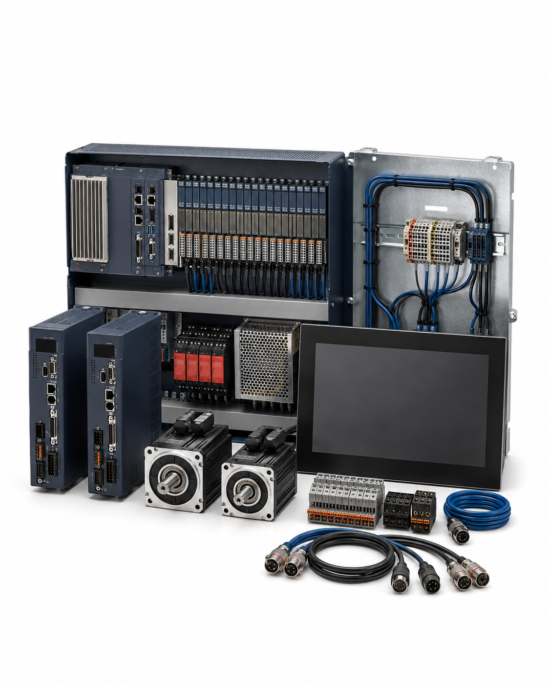 PLC and motion control retrofit kit with industrial controller, servo drives and motors on white background