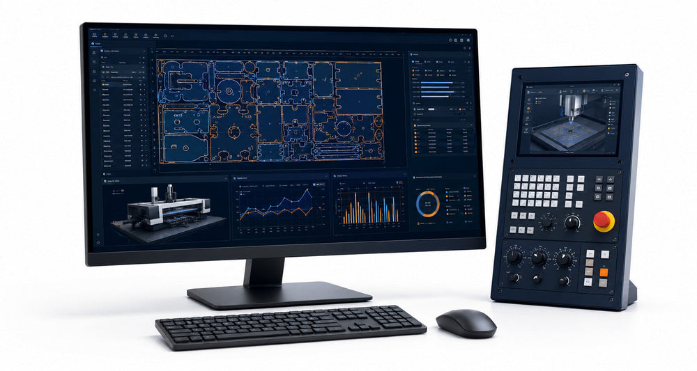 Industrial production-management, tracking, reporting, and engineering workstation on a white background