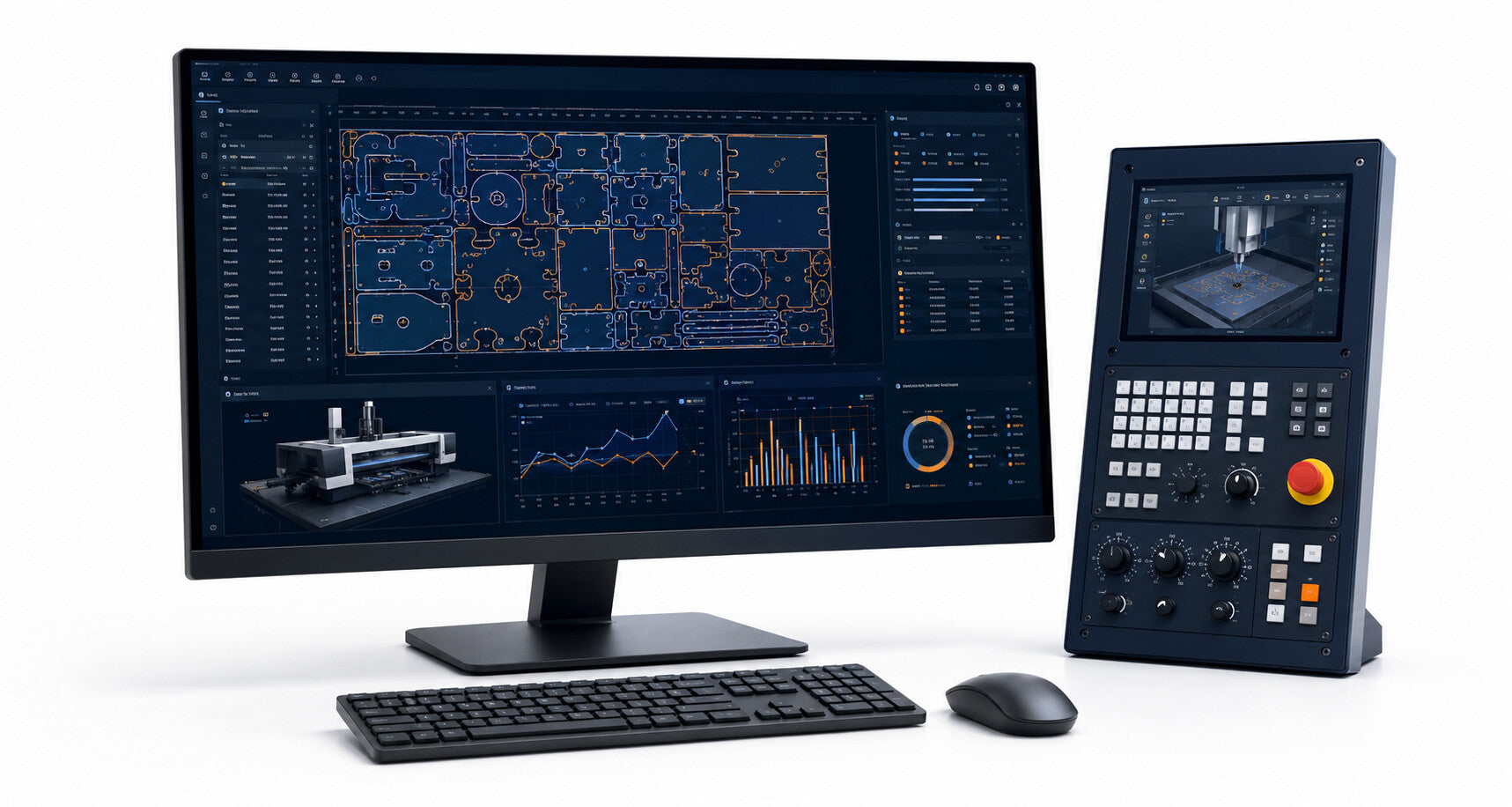 Industrial production-management, tracking, reporting, and engineering workstation on a white background