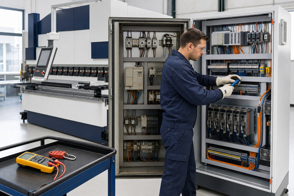 Industrial electrical distribution and machine control cabinet equipment on a white background