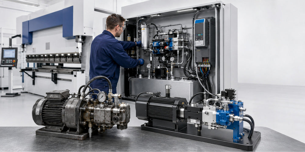 Press brake hydraulic power unit rebuild and servo pump upgrade