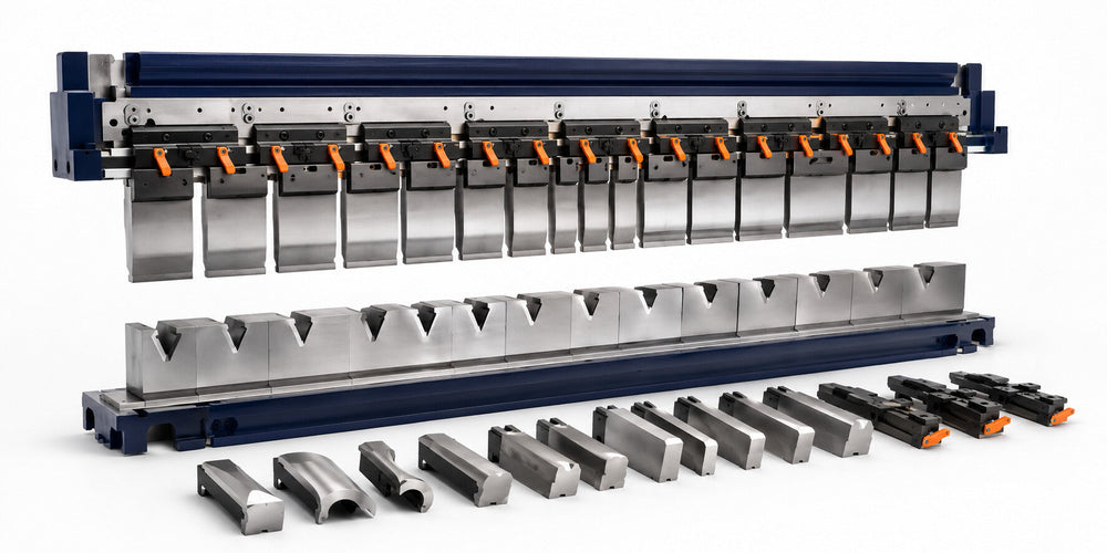 Press brake front support and tooling system components on a white background