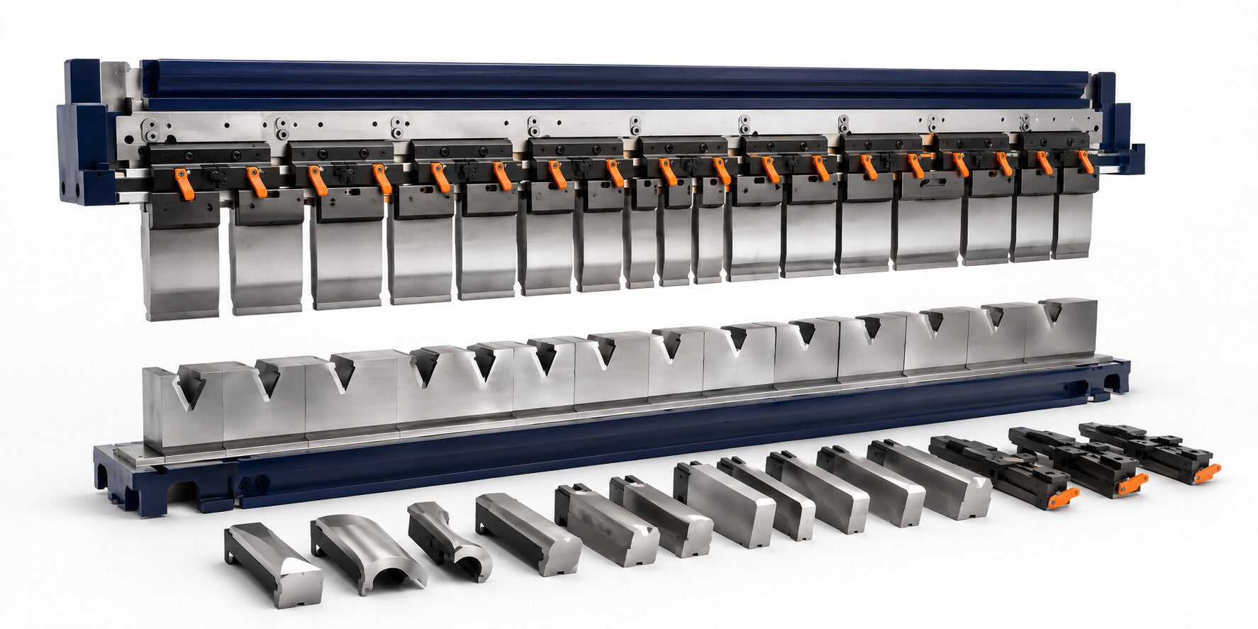 Press brake front support and tooling system components on a white background