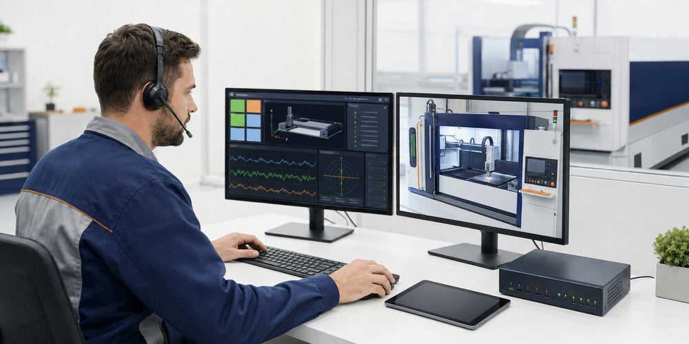 Remote CNC monitoring, diagnostics, and technical-support workstation on a white background