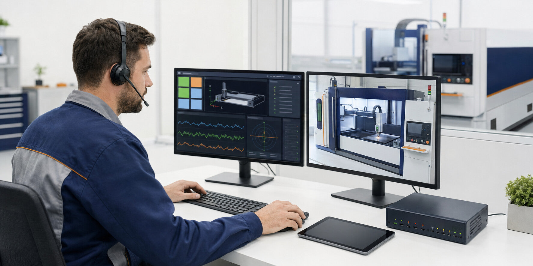 Remote CNC monitoring, diagnostics, and technical-support workstation on a white background