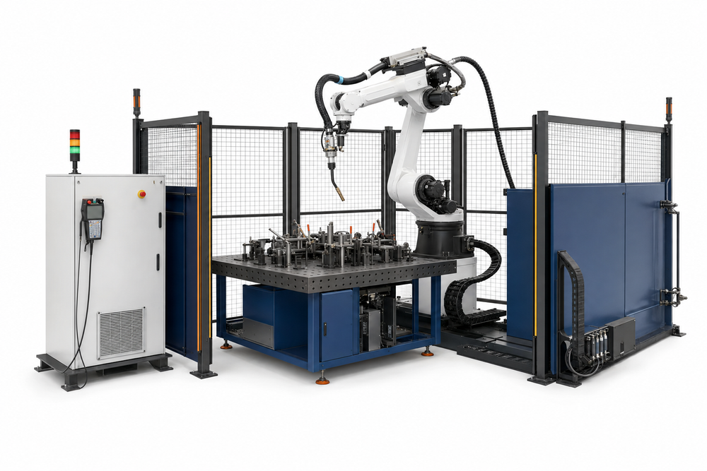Industrial robotic automation cell with six-axis robot, worktable, safety fencing, and control cabinet on a white background