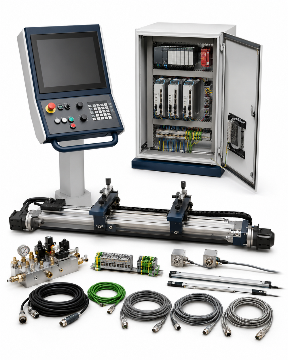 Compatible Cincinnati press brake CNC control and backgauge retrofit kit on a white background