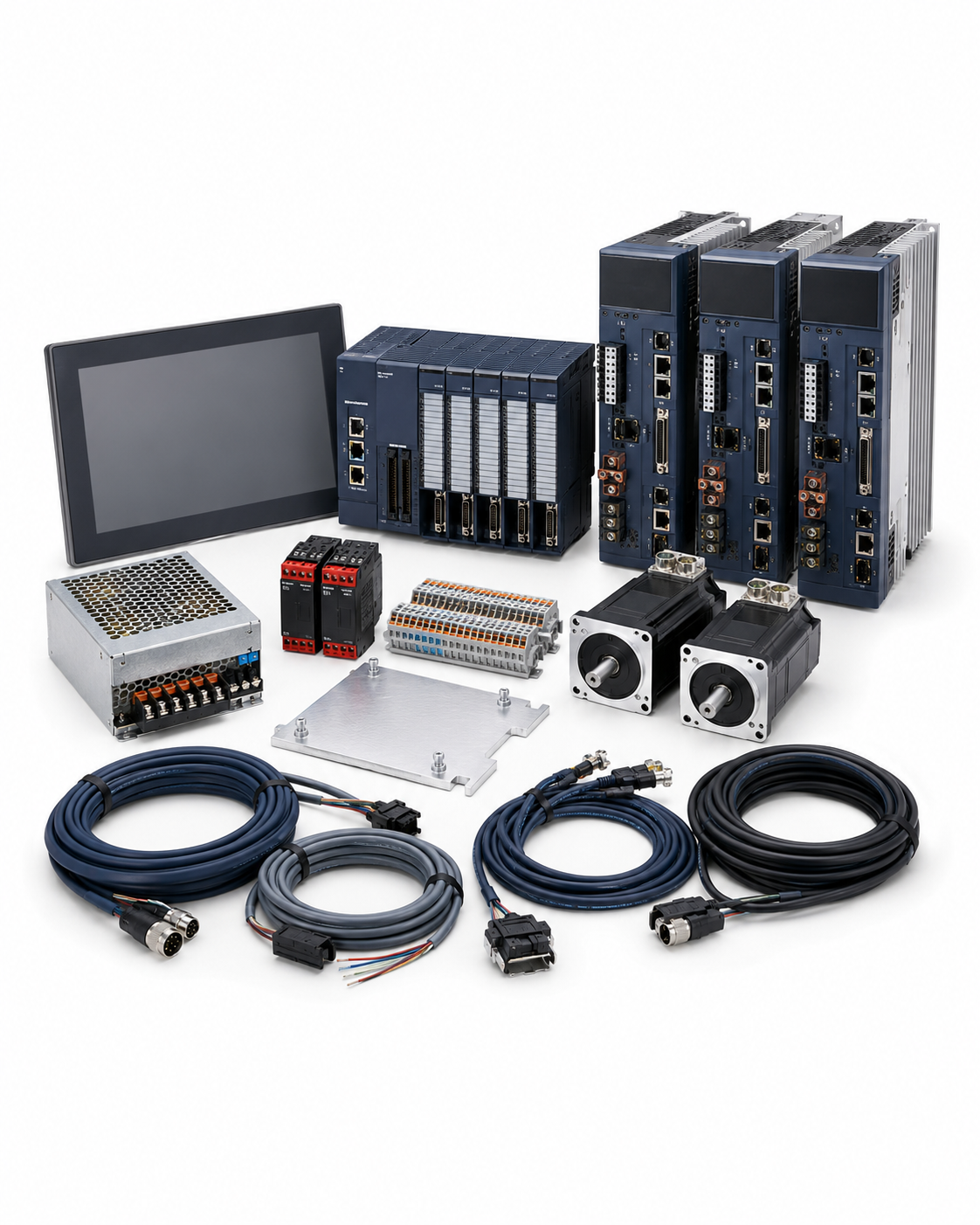 PLC HMI and servo drive retrofit service kit with motors and cables on white background