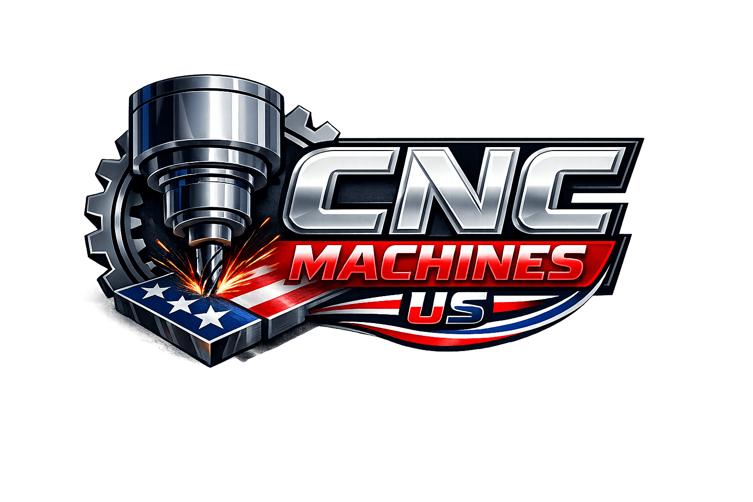 CNC Machines US logo featuring a milling tool and American flag design.