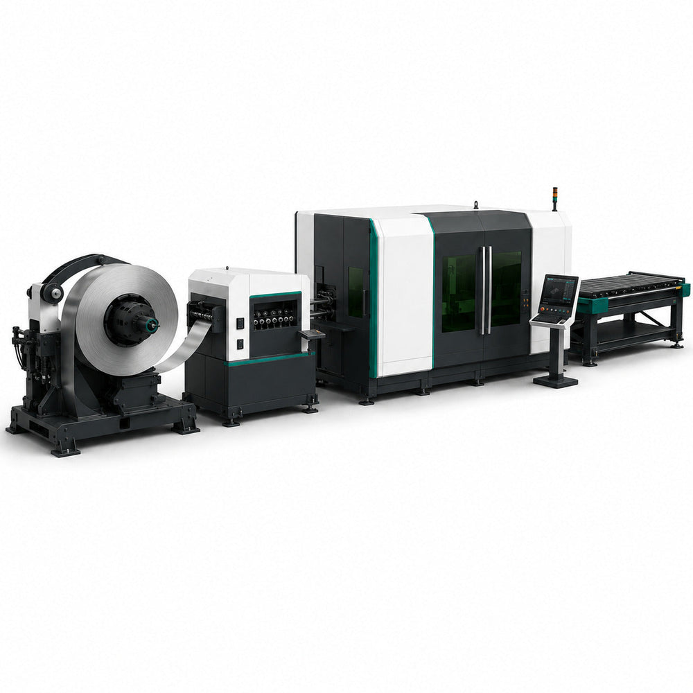 Catalog rendering of an EtalTec CoilAuto 1500 coil-fed fiber laser production line with decoiler, feeder, enclosed cutter and outfeed