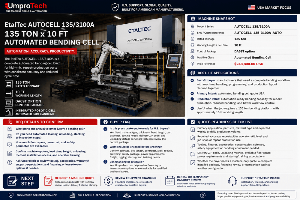 EtalTec AutoCell Automated Laser Cutting Cells — AUTOCELL 135/3100A • 135 Ton × 10 ft Automated Bending Cell