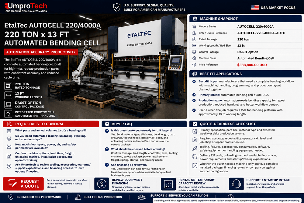 EtalTec AutoCell Automated Laser Cutting Cells — AUTOCELL 220/4000A • 220 Ton × 13 ft Automated Bending Cell