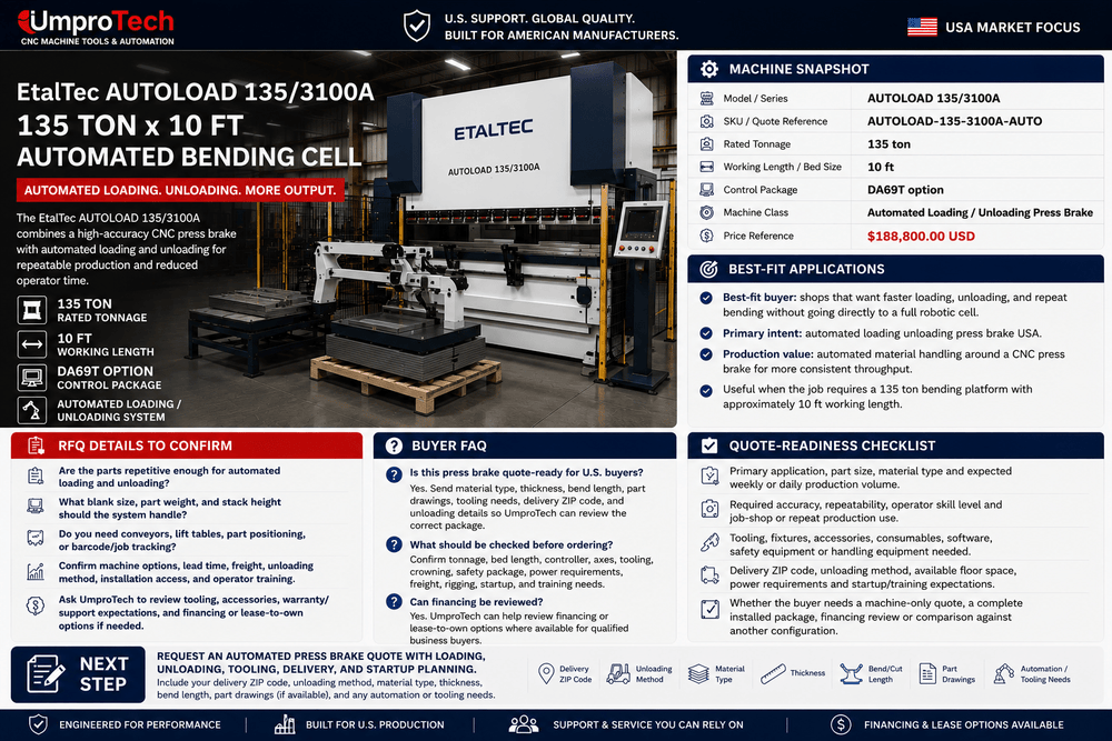 EtalTec AutoLoad Automated Press Brake Cells — AUTOLOAD 135/3100A • 135 Ton × 10 ft Automated Loading / Unloading