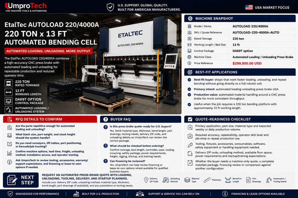 EtalTec AutoLoad Automated Press Brake Cells — AUTOLOAD 220/4000A • 220 Ton × 13 ft Automated Loading / Unloading
