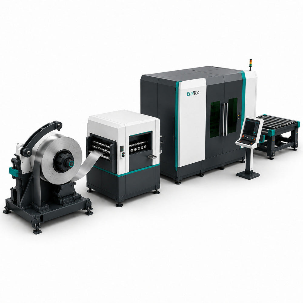 Catalog rendering of a mid-size EtalTec CoilCore 1250 coil-fed fiber laser line with decoiler, feeder, enclosed cutter and outfeed