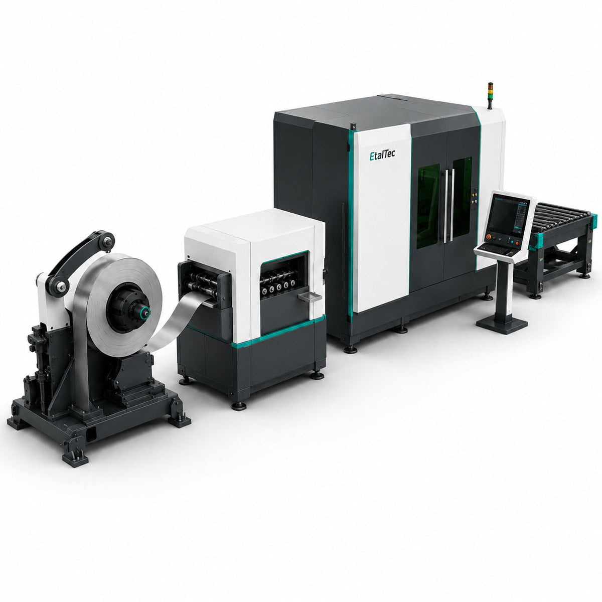 Catalog rendering of a compact EtalTec coil-fed fiber laser line with decoiler, feeder, enclosed cutter and outfeed