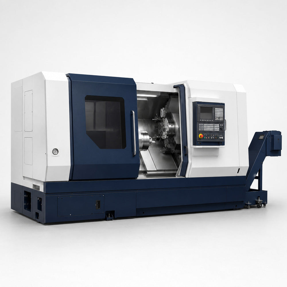 Catalog rendering of an EtalTec CTL 12S 12-inch chuck slant-bed CNC lathe with enclosed work area, CNC control and chip conveyor