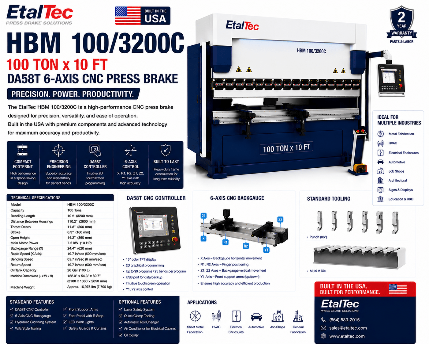 EtalTec HBM 100/3200C 100 Ton x 10 ft DA58T 6-Axis CNC Press Brake USA - UmproTech