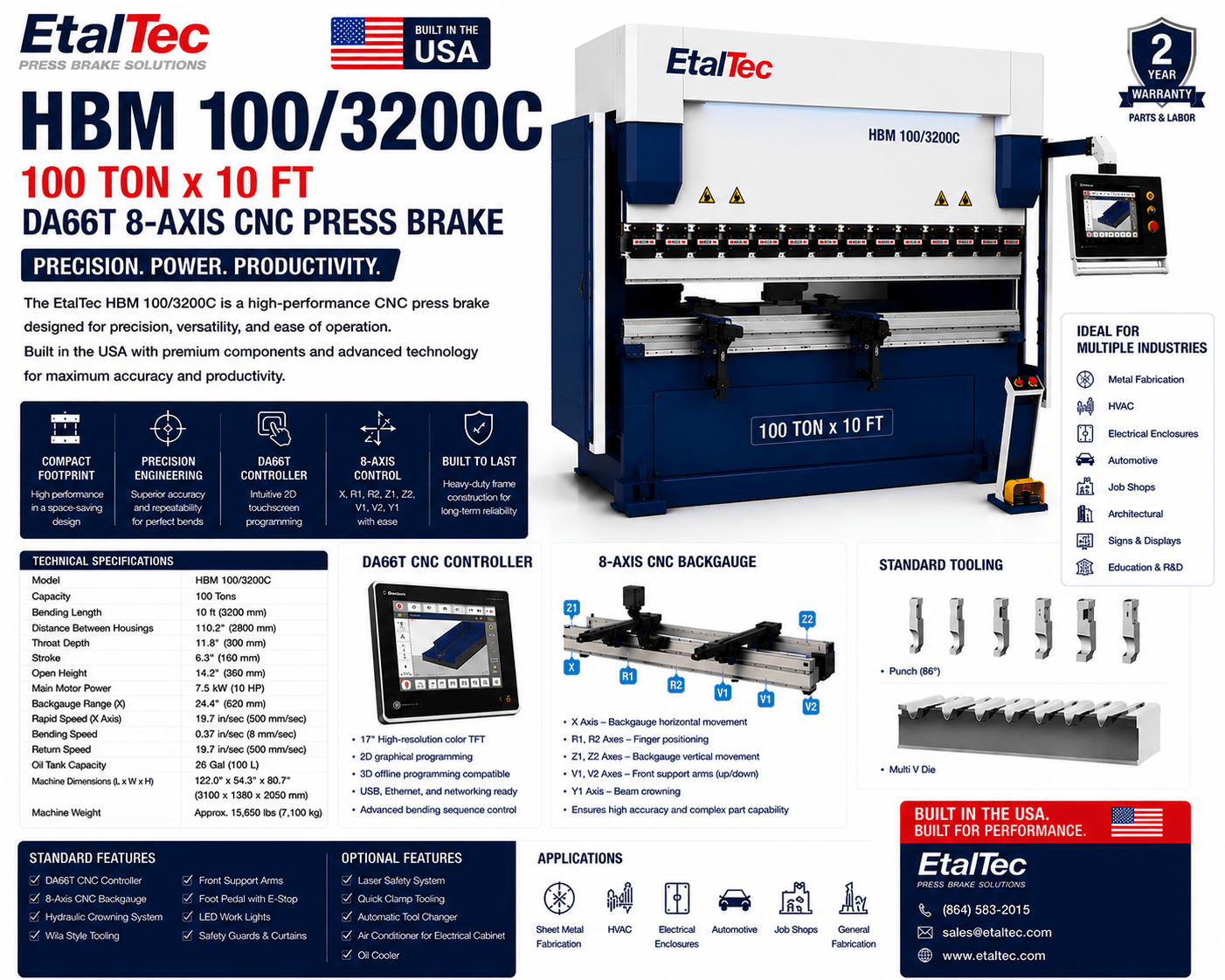 EtalTec HBM 100/3200C 100 Ton x 10 ft DA66T 8-Axis CNC Press Brake USA - UmproTech