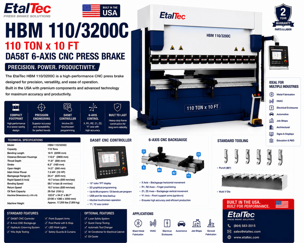 EtalTec HBM 110/3200C 110 Ton x 10 ft DA58T 6-Axis CNC Press Brake USA - UmproTech