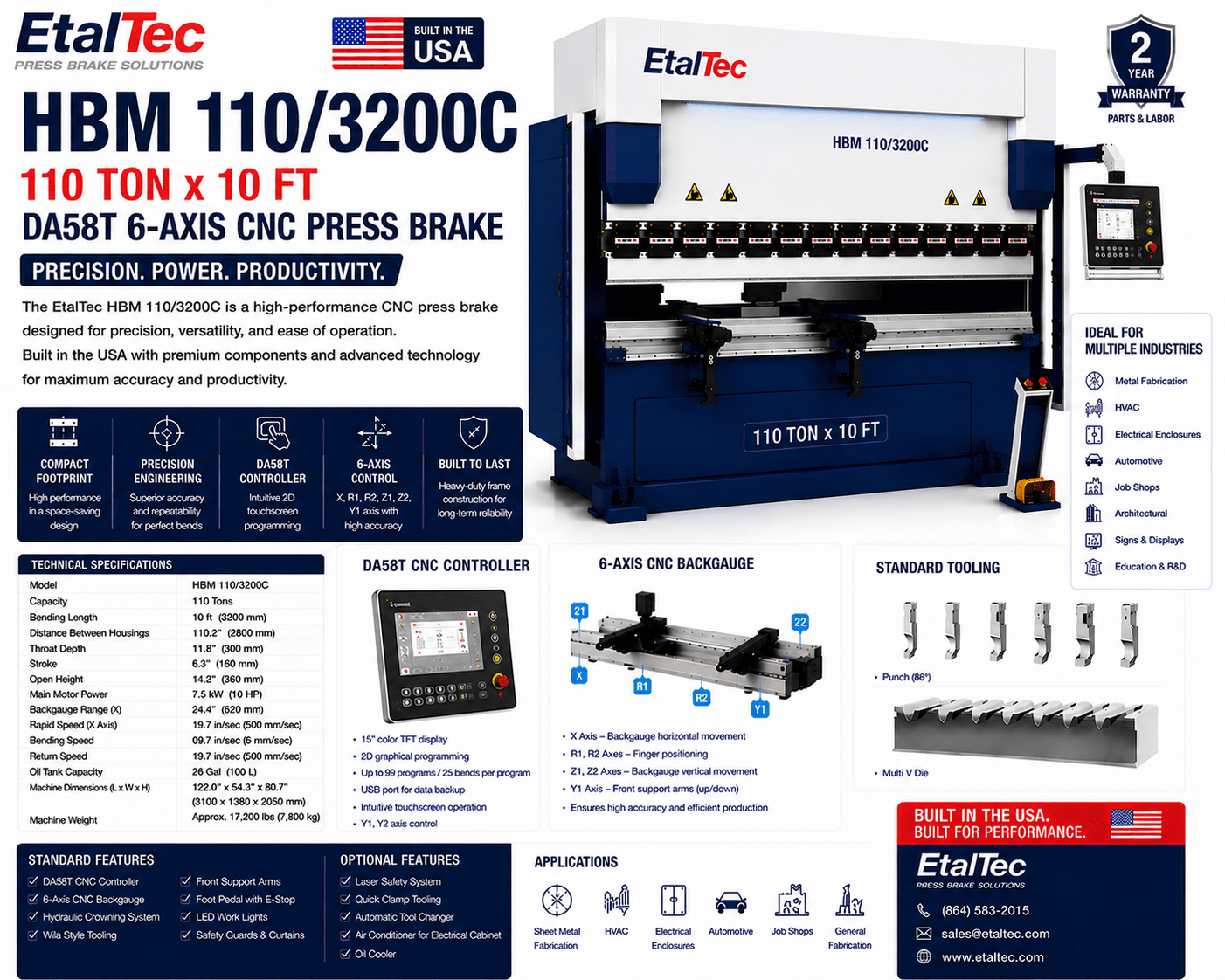 EtalTec HBM 110/3200C 110 Ton x 10 ft DA58T 6-Axis CNC Press Brake USA - UmproTech