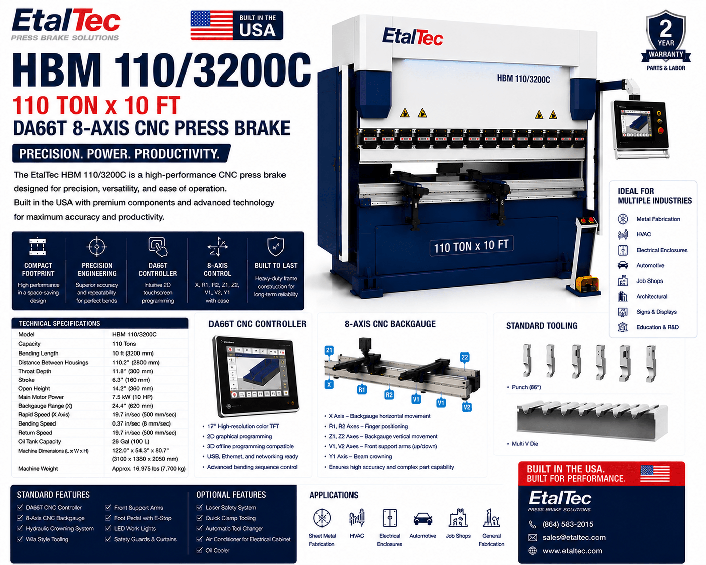 EtalTec HBM 110/3200C 110 Ton x 10 ft DA66T 8-Axis CNC Press Brake USA - UmproTech