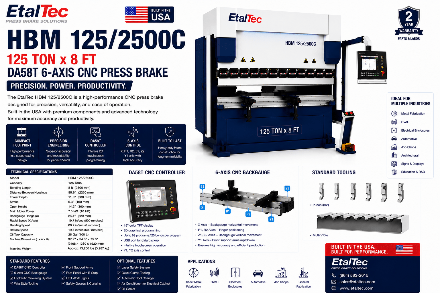 EtalTec HBM 125/2500C 125 Ton x 8 ft DA58T 6-Axis CNC Press Brake USA - UmproTech