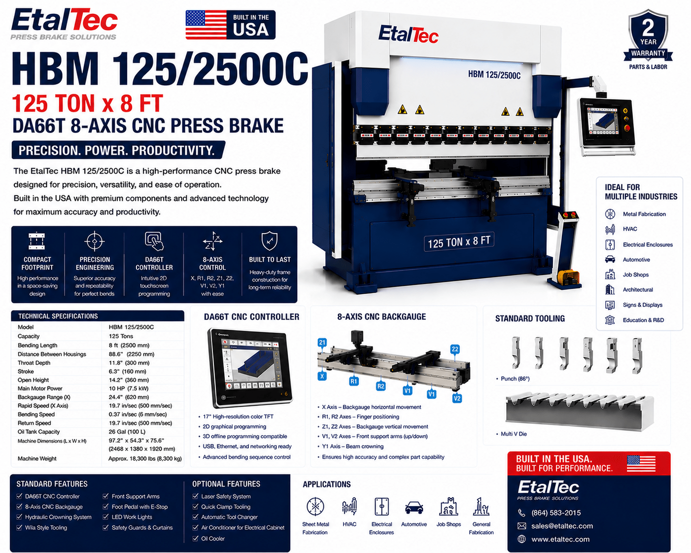 EtalTec HBM 125/2500C 125 Ton x 8 ft DA66T 8-Axis CNC Press Brake USA - UmproTech