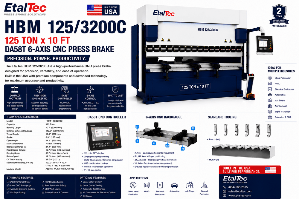 EtalTec HBM 125/3200C 125 Ton x 10 ft DA58T 6-Axis CNC Press Brake USA - UmproTech