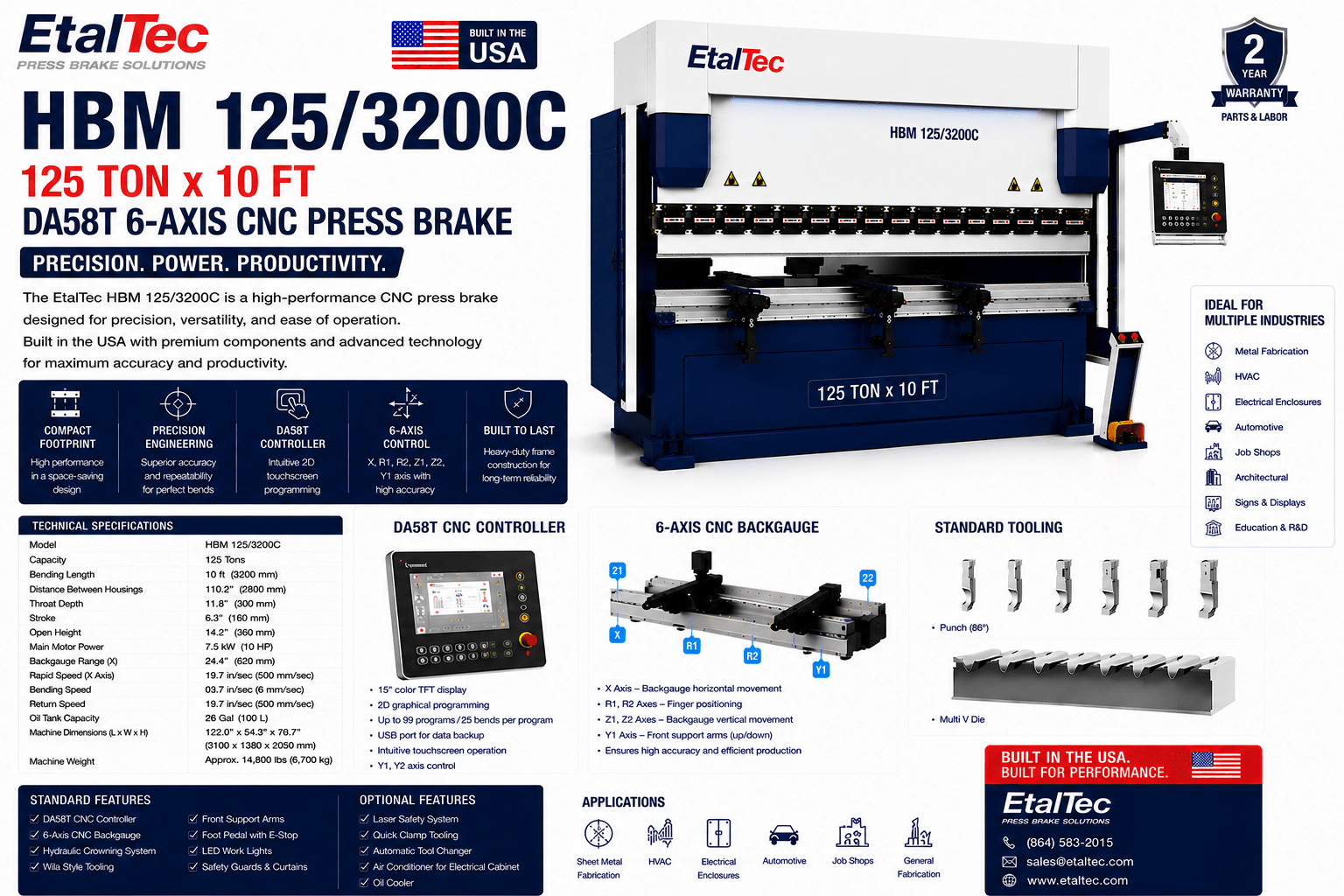 EtalTec HBM 125/3200C 125 Ton x 10 ft DA58T 6-Axis CNC Press Brake USA - UmproTech