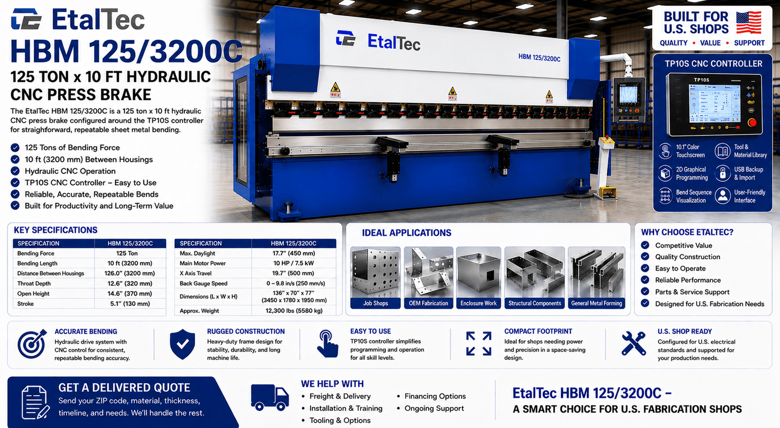 EtalTec HBM 125/3200C 125 Ton x 10 ft TP10S CNC Press Brake | U.S. Quote - UmproTech