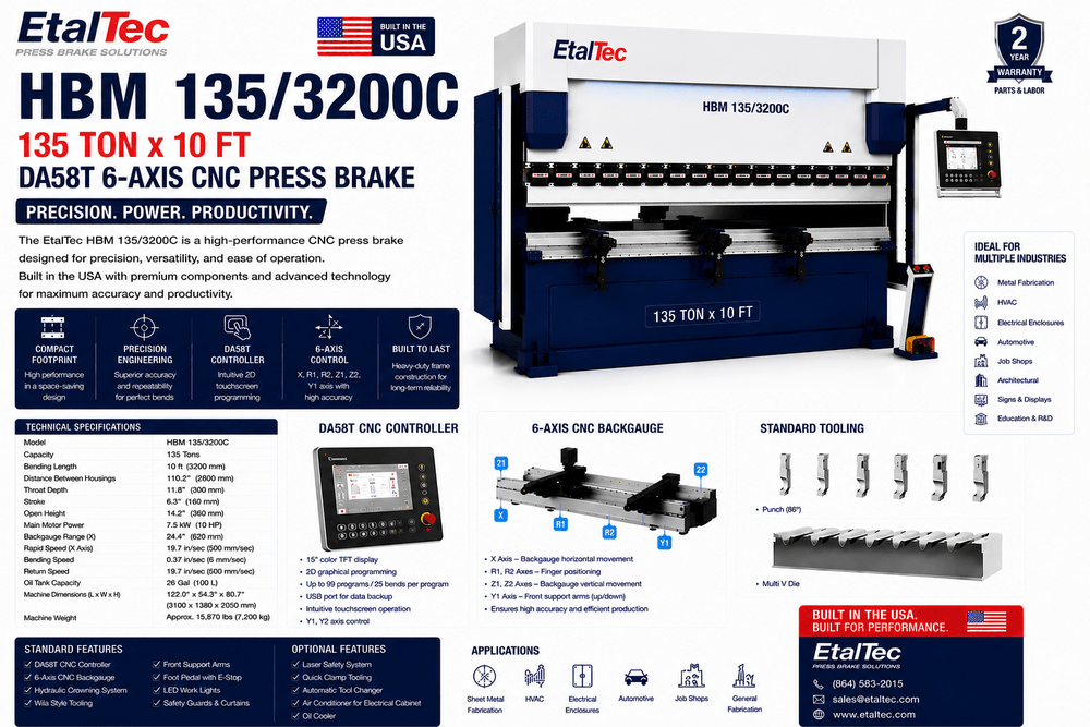 EtalTec HBM 135/3200C 135 Ton x 10 ft DA58T 6-Axis CNC Press Brake USA - UmproTech