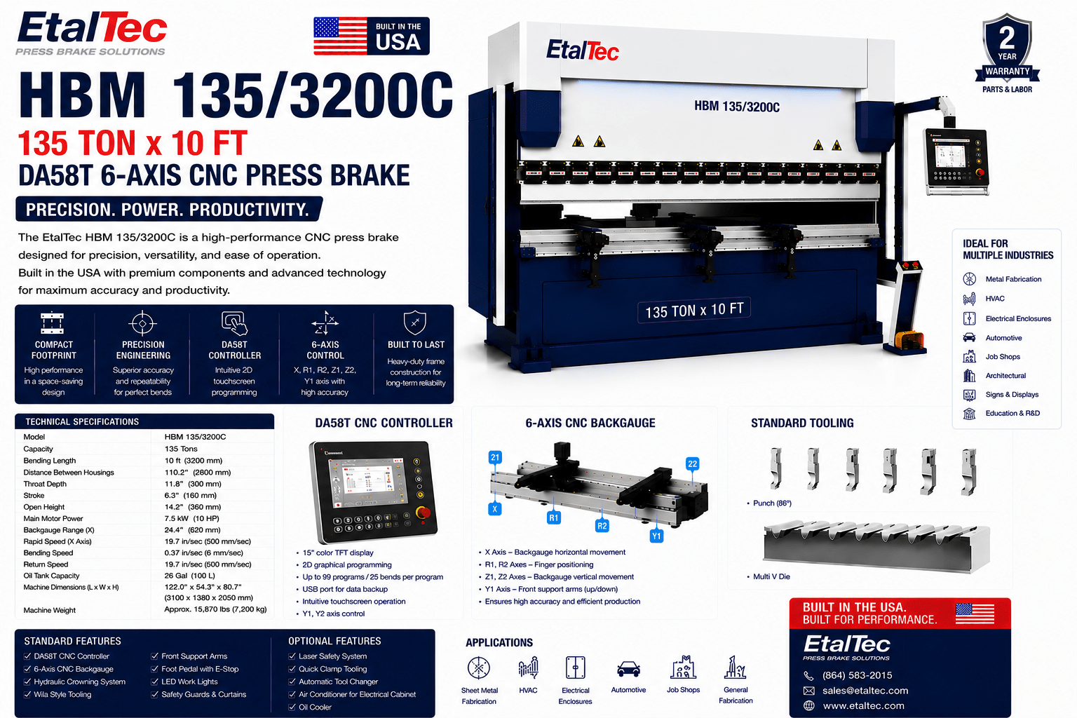 EtalTec HBM 135/3200C 135 Ton x 10 ft DA58T 6-Axis CNC Press Brake USA - UmproTech