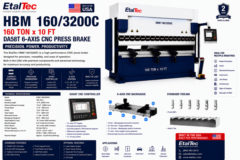 EtalTec HBM 160/3200C 160 Ton x 10 ft DA58T 6-Axis CNC Press Brake USA - UmproTech