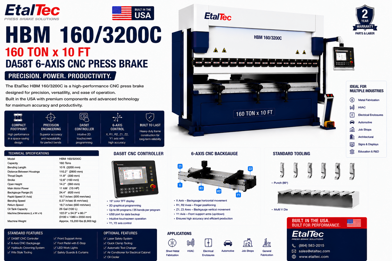 EtalTec HBM 160/3200C 160 Ton x 10 ft DA58T 6-Axis CNC Press Brake USA - UmproTech