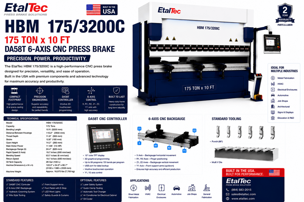 EtalTec HBM 175/3200C 175 Ton x 10 ft DA58T 6-Axis CNC Press Brake USA - UmproTech
