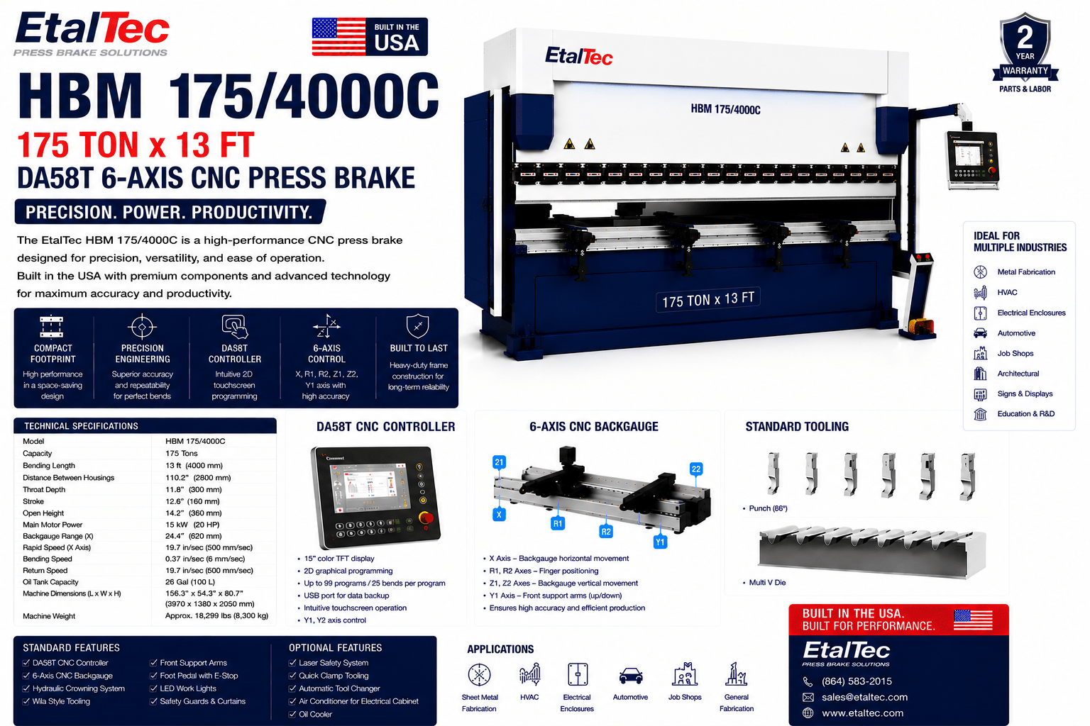EtalTec HBM 6-Axis CNC Press Brakes — HBM 175/4000C 175 Ton × 13 ft DA58T 6-Axis