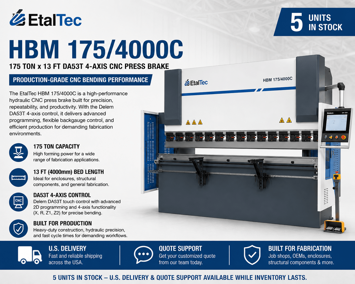 EtalTec HBM 4-Axis CNC Press Brakes — HBM 175/4000C • 175 Ton × 13 ft DA53T 4-Axis