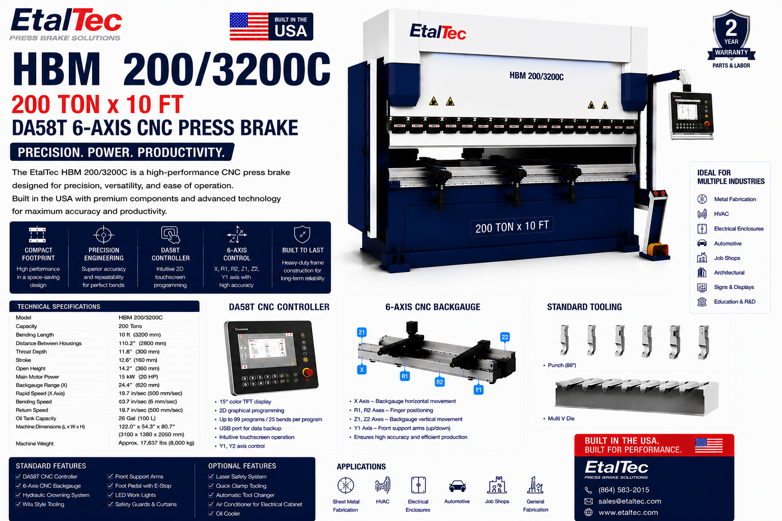 EtalTec HBM 200/3200C 200 Ton x 10 ft DA58T 6-Axis CNC Press Brake USA - UmproTech