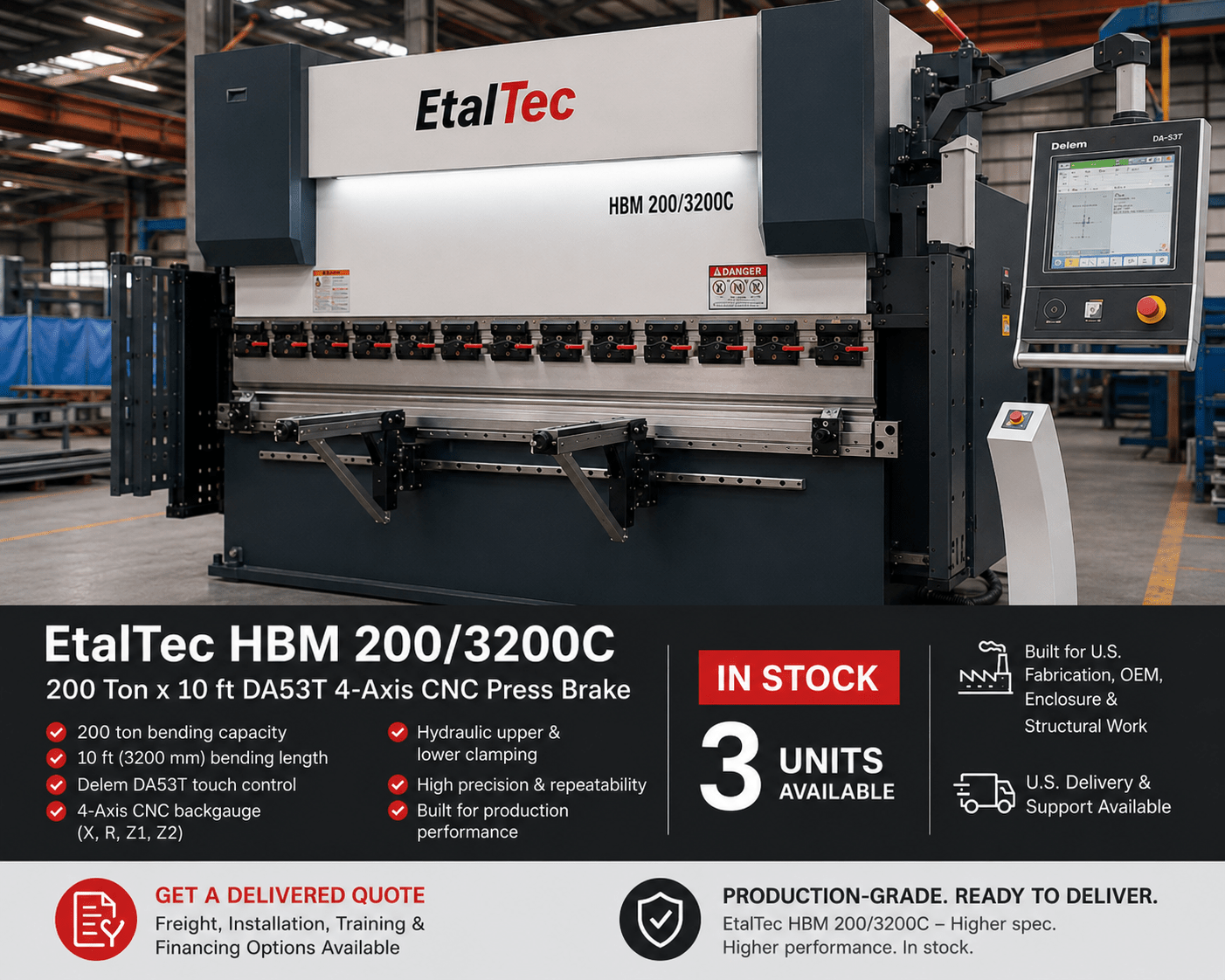 EtalTec HBM 200/3200C USA – 200 Ton x 10 ft DA53T 4-Axis CNC Press Brake - UmproTech