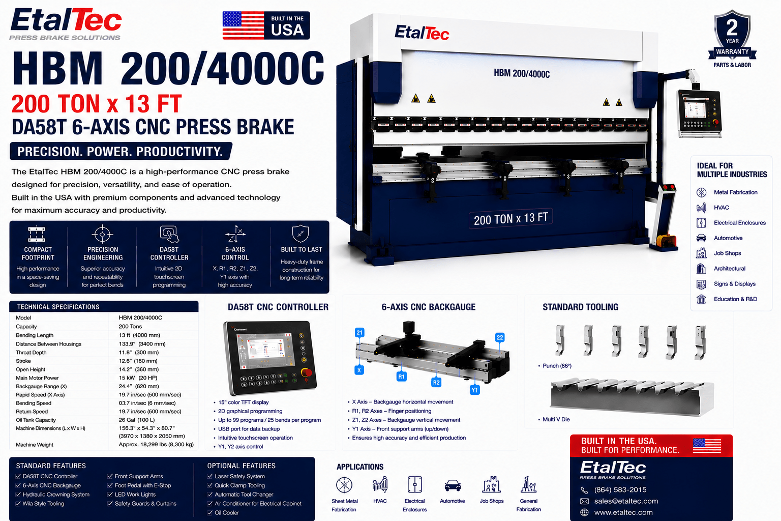 EtalTec HBM 6-Axis CNC Press Brakes — HBM 200/4000C 200 Ton × 13 ft DA58T 6-Axis