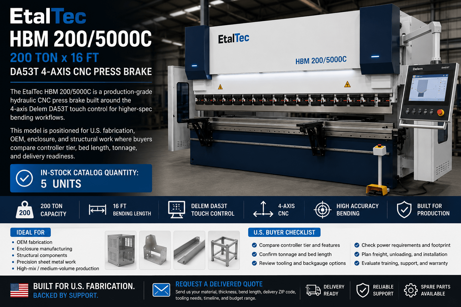 EtalTec HBM 4-Axis CNC Press Brakes — HBM 200/5000C • 200 Ton × 16 ft DA53T 4-Axis