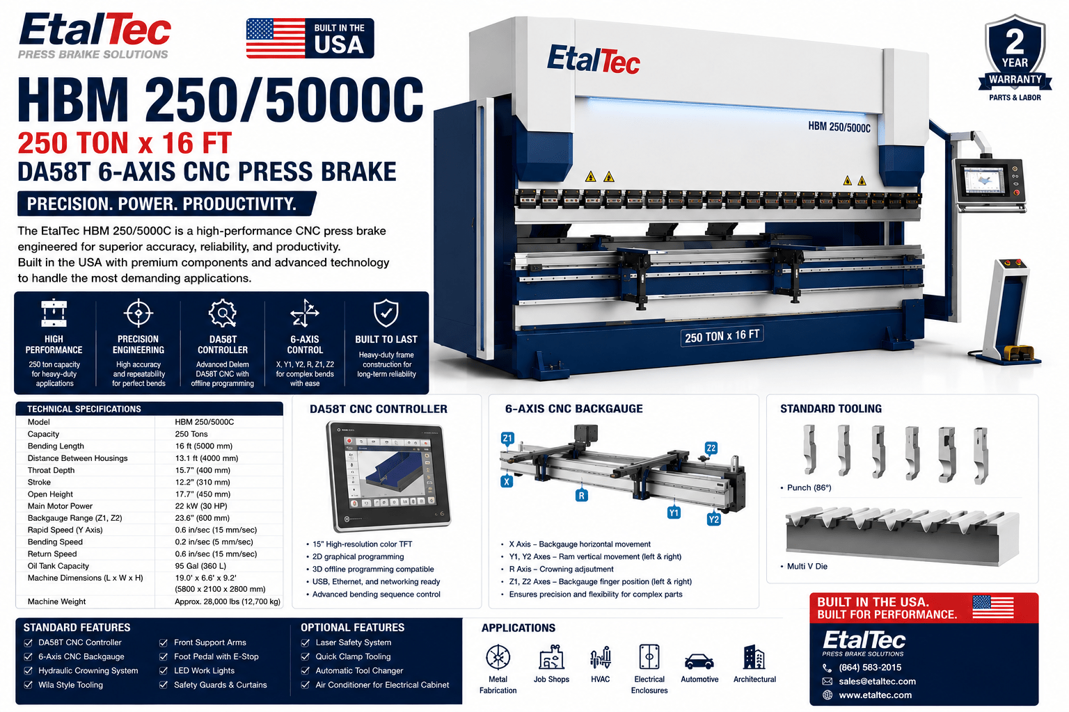 EtalTec HBM 6-Axis CNC Press Brakes — HBM 250/5000C 250 Ton × 16 ft DA58T 6-Axis