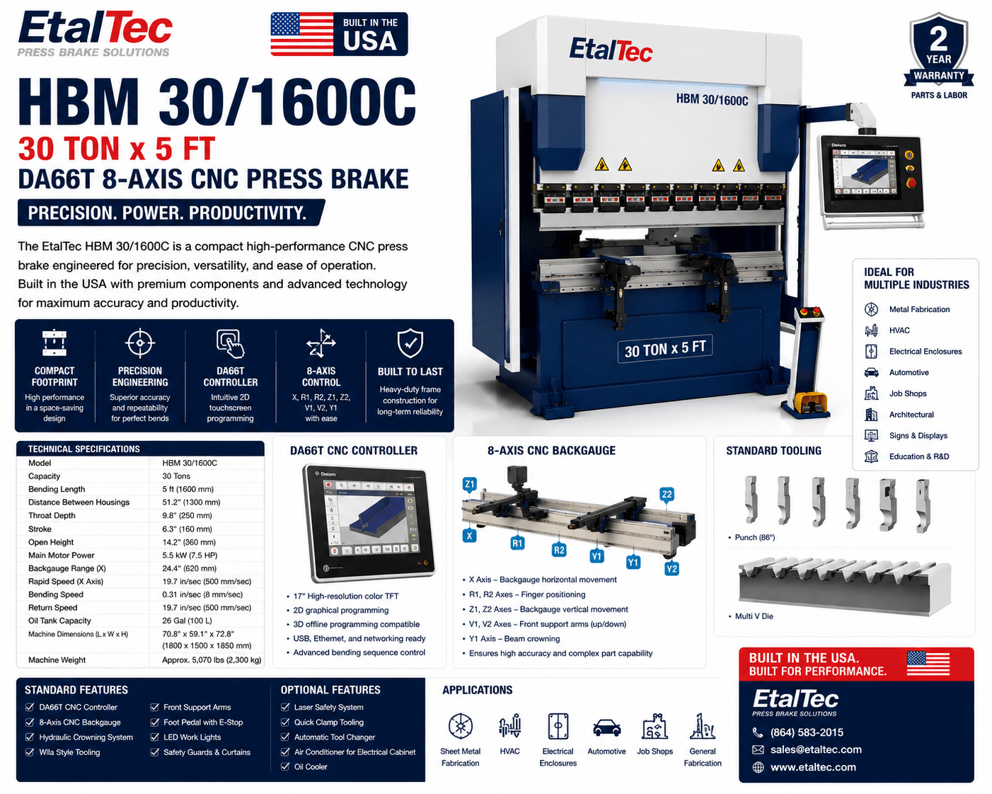 EtalTec HBM 30/1600C 30 Ton x 5 ft DA66T 8-Axis CNC Press Brake USA - UmproTech
