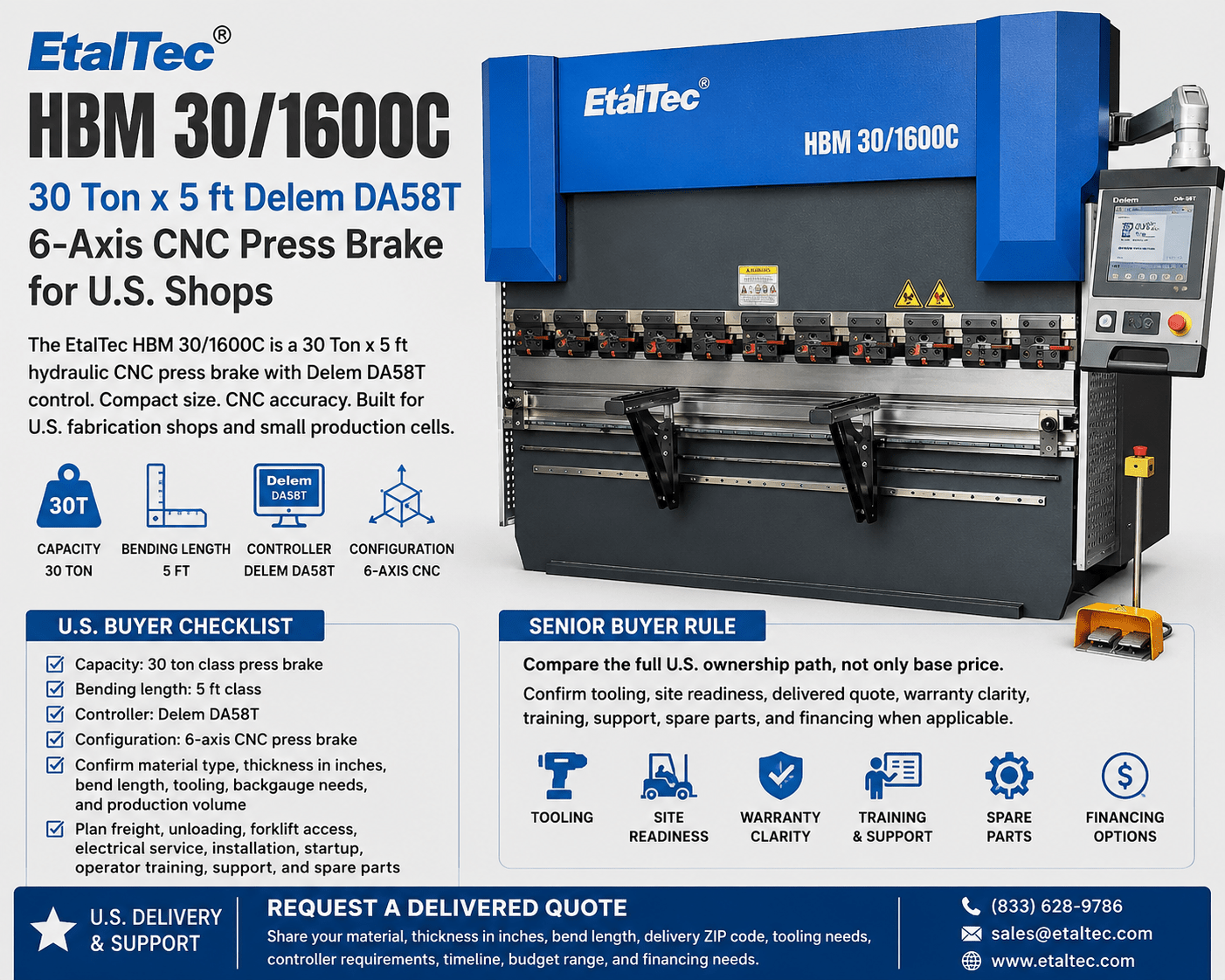 EtalTec HBM 30/1600C USA – 30 Ton x 5 ft Delem DA58T 6-Axis CNC Press Brake - UmproTech