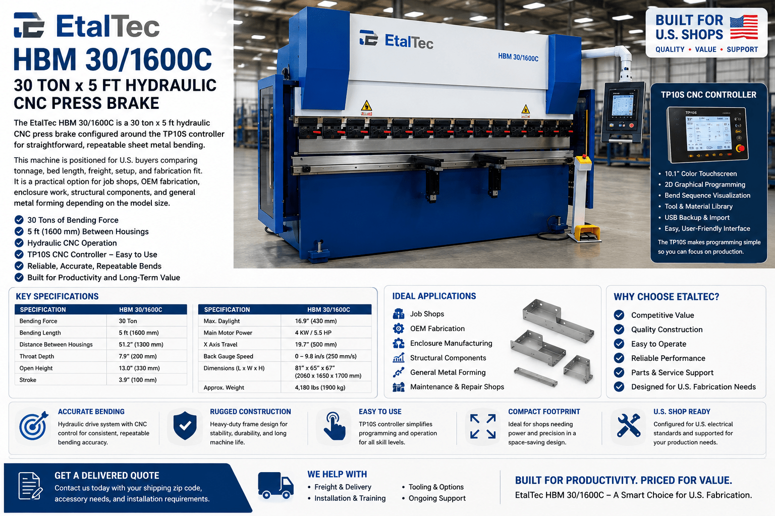 EtalTec HBM 30/1600C USA – 30 Ton x 5 ft TP10S CNC Press Brake - UmproTech