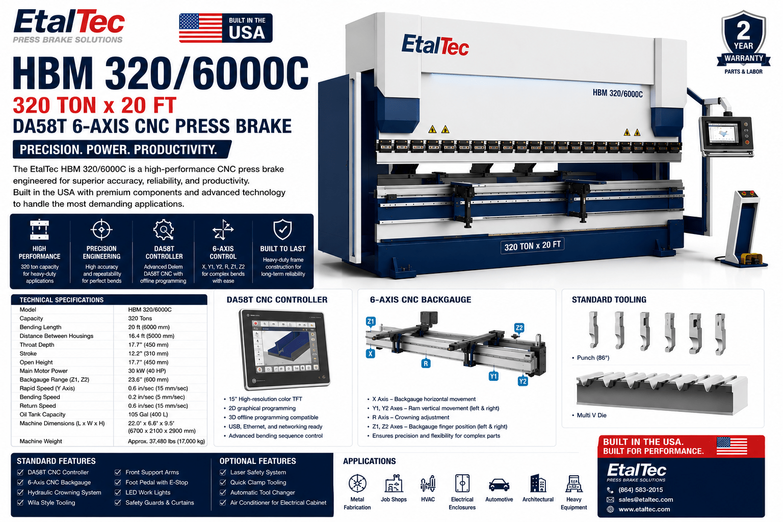 EtalTec HBM 6-Axis CNC Press Brakes — HBM 320/6000C 320 Ton × 20 ft DA58T 6-Axis