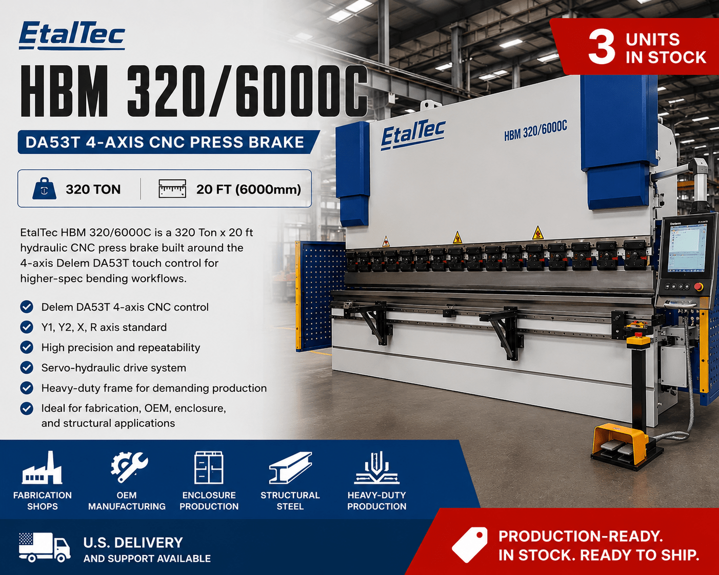 EtalTec HBM 4-Axis CNC Press Brakes — HBM 320/6000C • 320 Ton × 20 ft DA53T 4-Axis