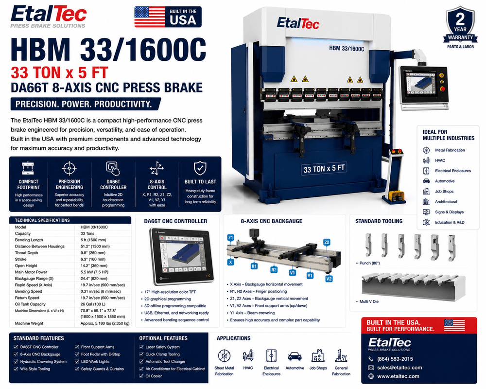 EtalTec HBM 33/1600C 33 Ton x 5 ft DA66T 8-Axis CNC Press Brake USA - UmproTech
